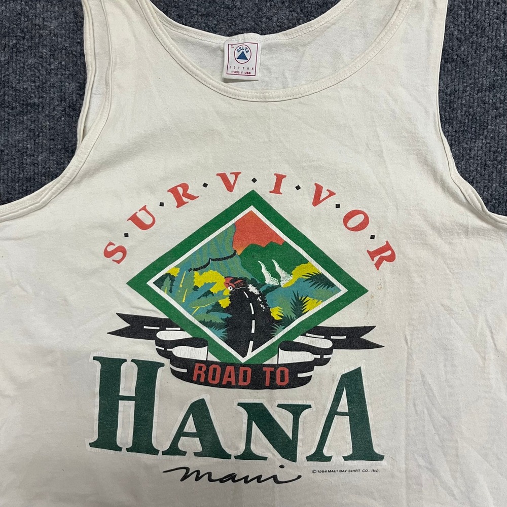 Delta Tank Top Mens Size L Cream Road to Hana Maui Graphic USA Made Cotton Good